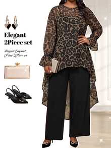Fleurora Plus Size Leopard Print Long Sleeve Top And Solid Color Pants 2 Pieces Set Vacation White Autumn Elegant Women's Set Wedding Guest - Multicolor - View 1