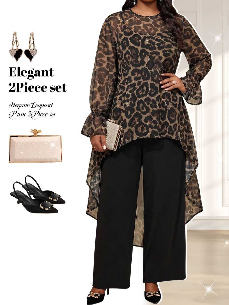 Fleurora Plus Size Leopard Print Long Sleeve Top And Solid Color Pants 2 Pieces Set Vacation White Autumn Elegant Women's Set Wedding Guest - Multicolor - View 1