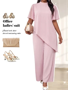 Fleurora Plus Size Elegant Casual Party Formal Dinner Cocktail Evening Solid Color Asymmetric Hem Top And Pants Two Pieces Set Wedding Dusty Blue Summer - Pink - View 1