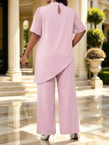 Fleurora Plus Size Elegant Casual Party Formal Dinner Cocktail Evening Solid Color Asymmetric Hem Top And Pants Two Pieces Set Wedding Dusty Blue Summer - Pink - View 2