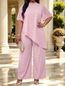 Fleurora Plus Size Elegant Casual Party Formal Dinner Cocktail Evening Solid Color Asymmetric Hem Top And Pants Two Pieces Set Wedding Dusty Blue Summer - Pink - View 4