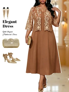 Fleurora Plus Size Women's Solid Color Dress All-Over Print Long Sleeve Cardigan Casual Elegant 2-Piece Set Wedding Gold Chocolate Brown Summer - Khaki - View 2