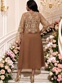 Fleurora Plus Size Women's Solid Color Dress All-Over Print Long Sleeve Cardigan Casual Elegant 2-Piece Set Wedding Gold Chocolate Brown Summer - Khaki - View 3