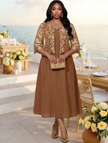 Fleurora Plus Size Women's Solid Color Dress All-Over Print Long Sleeve Cardigan Casual Elegant 2-Piece Set Wedding Gold Chocolate Brown Summer - Khaki - View 6