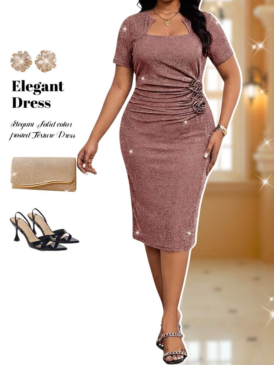 Fleurora Plus Size Elegant Sexy Party Wedding Glitter 3D Floral Decor Dress Dusty Pink Summer