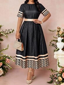 Fleurora Vestido elegante de verano con estampado geométrico de bloques de color para tallas grandes - Multicolor - Ver 5
