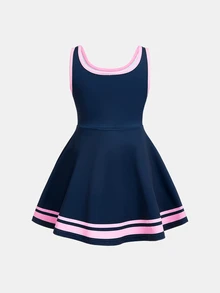SHEIN 少女休閒日常時尚數位印花 A 字版型海軍藍運動服 - 藏蓝色 - 查看 4