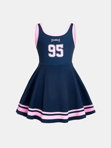 SHEIN 少女休閒日常時尚數位印花 A 字版型海軍藍運動服 - 藏蓝色 - 查看 3
