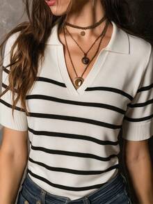 SHEIN Franclia 新款夏季韓系溫柔休閒海濱通勤百搭女款 Polo 領針織上衣，適合辦公室與度假，白色與黑色 - 黑與白 - 查看 8