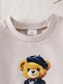 SHEIN Playful Pals 女童 2 件組秋季可愛熊圖案長袖衛衣上衣＋百褶 A 字裙套裝 英倫學院風 幼兒校園生日穿搭 白色橘色 - 杏色 - 查看 9