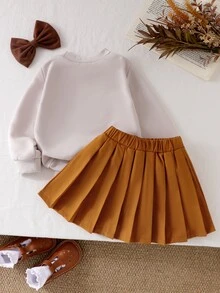 SHEIN Playful Pals 女童 2 件組秋季可愛熊圖案長袖衛衣上衣＋百褶 A 字裙套裝 英倫學院風 幼兒校園生日穿搭 白色橘色 - 杏色 - 查看 3