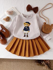 SHEIN Playful Pals 女童 2 件組秋季可愛熊圖案長袖衛衣上衣＋百褶 A 字裙套裝 英倫學院風 幼兒校園生日穿搭 白色橘色 - 杏色 - 查看 7