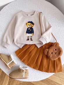 SHEIN Playful Pals 女童 2 件組秋季可愛熊圖案長袖衛衣上衣＋百褶 A 字裙套裝 英倫學院風 幼兒校園生日穿搭 白色橘色 - 杏色 - 查看 4
