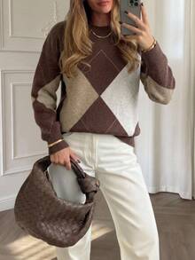Aloruh Sweater Retro Lengan Panjang Motif Argyle Serbaguna untuk Wanita - MultiWarna - View 1