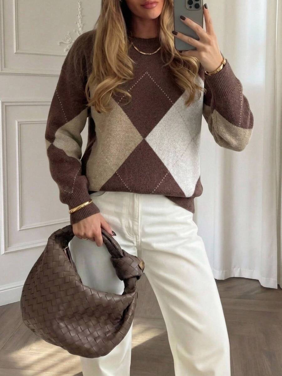 Aloruh Sweater Retro Lengan Panjang Motif Argyle Serbaguna untuk Wanita - MultiWarna - View 1