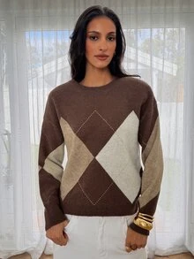 Aloruh Sweater Retro Lengan Panjang Motif Argyle Serbaguna untuk Wanita - MultiWarna - View 3