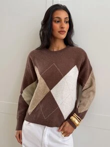 Aloruh Sweater Retro Lengan Panjang Motif Argyle Serbaguna untuk Wanita - MultiWarna - View 5