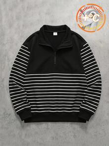 SHEIN Vacaura 青少年男孩秋季條紋半拉鍊套頭衛衣，抓絨內裡黑色上衣，附袋鼠口袋，保暖冬季休閒上衣 - 黑與白 - 查看 3