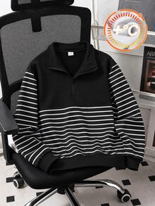 SHEIN Vacaura 青少年男孩秋季條紋半拉鍊套頭衛衣，抓絨內裡黑色上衣，附袋鼠口袋，保暖冬季休閒上衣 - 黑與白 - 查看 8