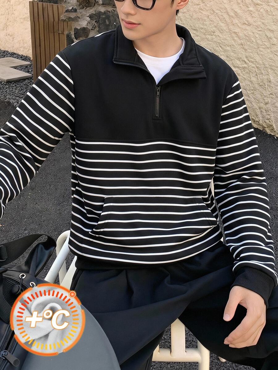 SHEIN Vacaura 青少年男孩秋季條紋半拉鍊套頭衛衣，抓絨內裡黑色上衣，附袋鼠口袋，保暖冬季休閒上衣