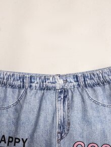 女童休閒日常牛仔長褲，附口袋、鈕扣、字母圖案與破洞設計 - 藍色 - 查看 3