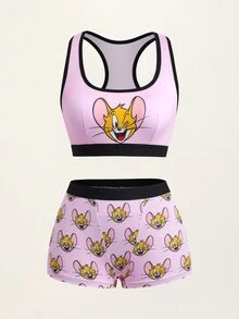 TOM & JERRY X SHEIN Women's Cartoon Print Colorblock Bra And Hipster Panty Casual Daily Lingerie Set - Pink - View 1