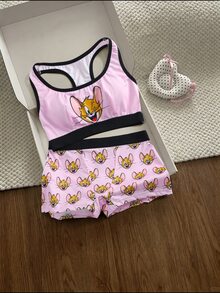 TOM & JERRY X SHEIN Women's Cartoon Print Colorblock Bra And Hipster Panty Casual Daily Lingerie Set - Pink - View 7