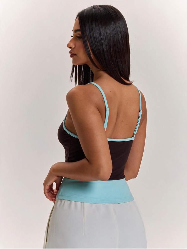 SHEIN BAE ملابس علوية توب بحمالات رفيعة وياقة مربعة مع حواف متباينة باللون البني والأخضر النعناعي / توب داخلي قصير بقصة ضيقة وخصر مطاطي مع كشكشة جانبية / توب أساسي / توب للمناسبات الاجتماعية / توب للتنقل اليومي / توب داخلي - متعدد الألوان - مشاهدة 2
