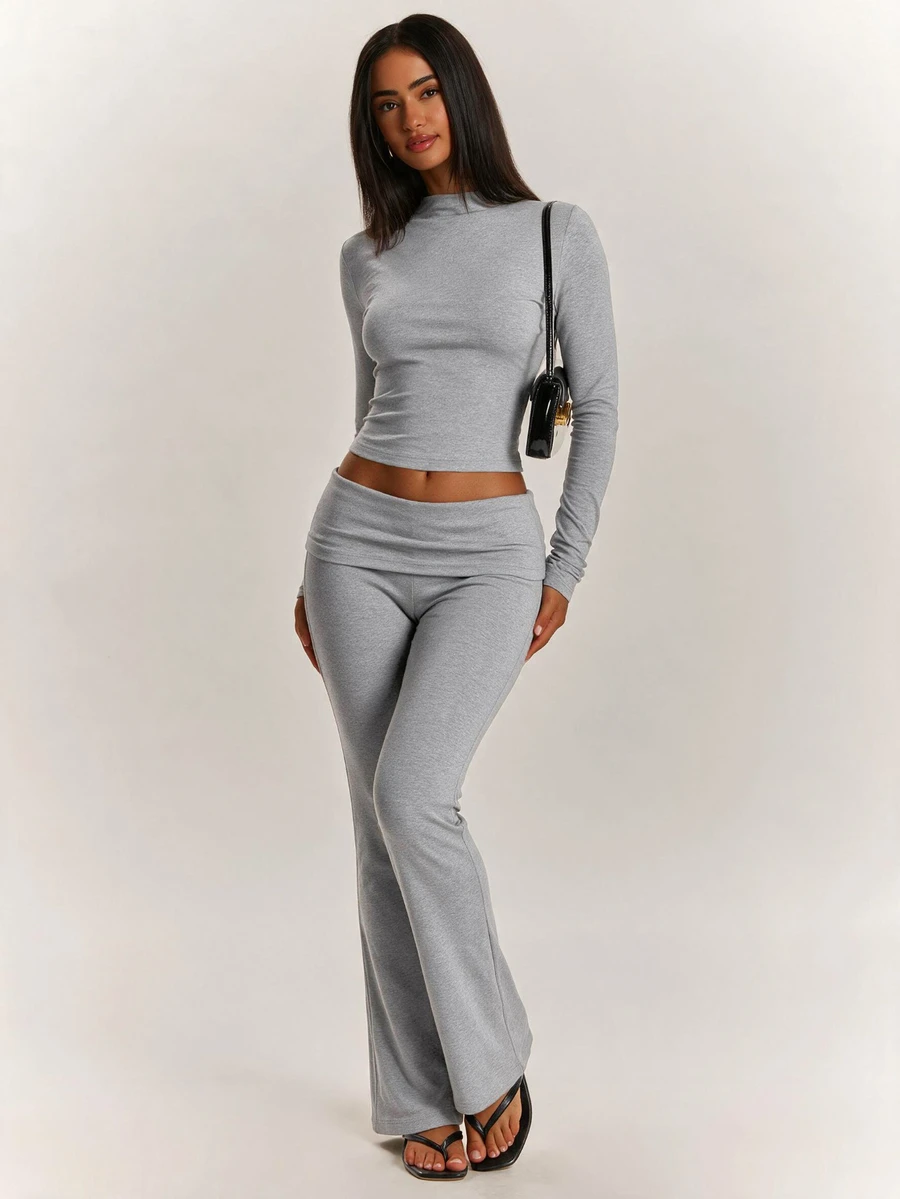 SHEIN BAE Light Gray Semi-High Neck Fitted Ruched Cropped Long Sleeve Top & High Waist Tummy Control Flare Leg Pants, Elastic Casual Sports Two Pieces Set, Gray Two Pieces Set, Casual Set, Basic Set - Dark Grey - View 1