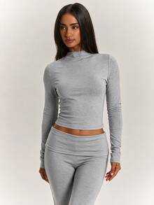 SHEIN BAE Light Gray Semi-High Neck Fitted Ruched Cropped Long Sleeve Top & High Waist Tummy Control Flare Leg Pants, Elastic Casual Sports Two Pieces Set, Gray Two Pieces Set, Casual Set, Basic Set - Dark Grey - View 4