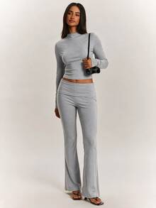 SHEIN BAE Light Gray Semi-High Neck Fitted Ruched Cropped Long Sleeve Top & High Waist Tummy Control Flare Leg Pants, Elastic Casual Sports Two Pieces Set, Gray Two Pieces Set, Casual Set, Basic Set - Dark Grey - View 3