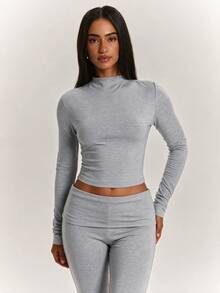 SHEIN BAE Light Gray Semi-High Neck Fitted Ruched Cropped Long Sleeve Top & High Waist Tummy Control Flare Leg Pants, Elastic Casual Sports Two Pieces Set, Gray Two Pieces Set, Casual Set, Basic Set - Dark Grey - View 5