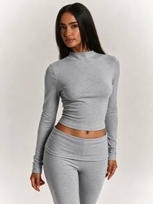 SHEIN BAE Light Gray Semi-High Neck Fitted Ruched Cropped Long Sleeve Top & High Waist Tummy Control Flare Leg Pants, Elastic Casual Sports Two Pieces Set, Gray Two Pieces Set, Casual Set, Basic Set - Dark Grey - View 6
