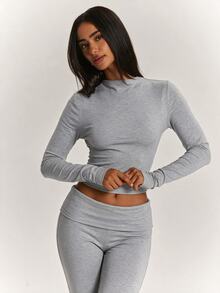 SHEIN BAE Light Gray Semi-High Neck Fitted Ruched Cropped Long Sleeve Top & High Waist Tummy Control Flare Leg Pants, Elastic Casual Sports Two Pieces Set, Gray Two Pieces Set, Casual Set, Basic Set - Dark Grey - View 7