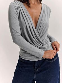 SHEIN BAE Women's Light Gray Deep V-Neck Ruched Waist Long Sleeve T-Shirt/Elastic Slim Fit Cropped Top With Drape Effect/Commuter Sexy Base Layer/Autumn/Winter Innerwear/Commuter Top/Elegant Top - Grey - View 7