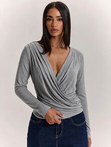 SHEIN BAE Women's Light Gray Deep V-Neck Ruched Waist Long Sleeve T-Shirt/Elastic Slim Fit Cropped Top With Drape Effect/Commuter Sexy Base Layer/Autumn/Winter Innerwear/Commuter Top/Elegant Top - Grey - View 5