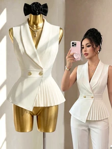 SHEIN Clasi 夏季辦公通勤優雅女士風專業OL無袖西裝領收腰百褶米色洋裝，優雅浪漫女款西裝外套 - 彩色 - 查看 4