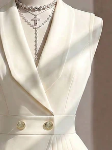 SHEIN Clasi 夏季辦公通勤優雅女士風專業OL無袖西裝領收腰百褶米色洋裝，優雅浪漫女款西裝外套 - 彩色 - 查看 7