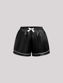 Hourtrue 3 Bộ Pyjama Satin màu trơn, Bộ quần áo mặc nhà dành cho nữ với tay áo ngắn có cổ cài cúc và quần short thắt nơ, thích hợp sử dụng tại nhà - Nhiều màu - Xem 5