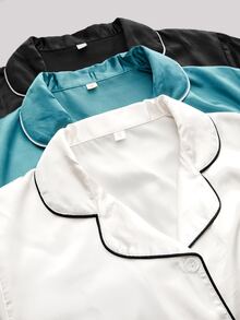 Hourtrue 3 Bộ Pyjama Satin màu trơn, Bộ quần áo mặc nhà dành cho nữ với tay áo ngắn có cổ cài cúc và quần short thắt nơ, thích hợp sử dụng tại nhà - Nhiều màu - Xem 10