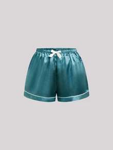 Hourtrue 3 Bộ Pyjama Satin màu trơn, Bộ quần áo mặc nhà dành cho nữ với tay áo ngắn có cổ cài cúc và quần short thắt nơ, thích hợp sử dụng tại nhà - Nhiều màu - Xem 7