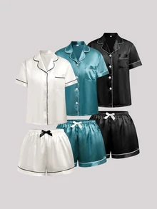 Hourtrue 3 Bộ Pyjama Satin màu trơn, Bộ quần áo mặc nhà dành cho nữ với tay áo ngắn có cổ cài cúc và quần short thắt nơ, thích hợp sử dụng tại nhà - Nhiều màu - Xem 2