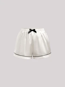 Hourtrue 3 Bộ Pyjama Satin màu trơn, Bộ quần áo mặc nhà dành cho nữ với tay áo ngắn có cổ cài cúc và quần short thắt nơ, thích hợp sử dụng tại nhà - Nhiều màu - Xem 6