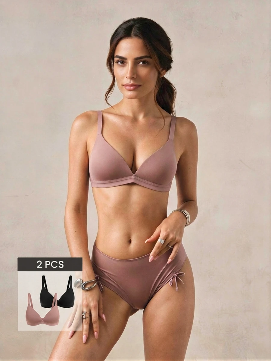 Veilyse 2pcs V-Neck Women's Comfortable Wireless Soft Cup Solid Color Bras - Multicolor - View 1
