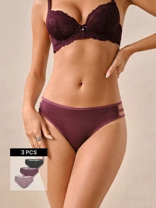 Hourtrue 3pcs/Set Solid Color Lace Patchwork Hollow Out Spaghetti Strap Sexy & Romantic Ladies Underwear - Multicolor - View 1