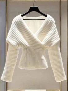 GlowEve Women's Elegant Solid Color Wrap T-Shirt For Commuting, Autumn/Winter - White - View 4