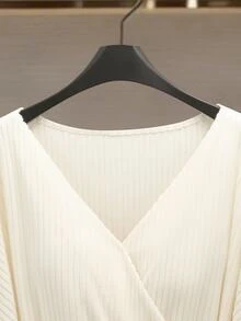 GlowEve Women's Elegant Solid Color Wrap T-Shirt For Commuting, Autumn/Winter - White - View 6