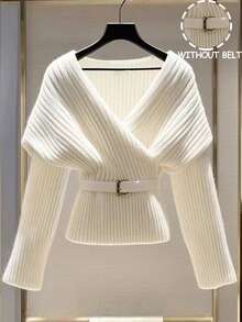 GlowEve Women's Elegant Solid Color Wrap T-Shirt For Commuting, Autumn/Winter - White - View 1