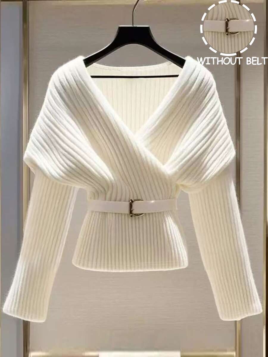 GlowEve Women's Elegant Solid Color Wrap T-Shirt For Commuting, Autumn/Winter - White - View 1