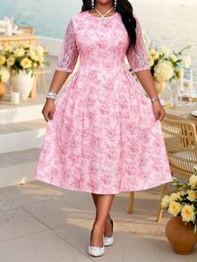 Fleurora Pink Floral Summer Elegant Wedding Guest Ninang Plus Size Women Dress,Contrast Lace Three Quarter Sleeve Ruched Waist Flared Midi Cocktail Party - Pink - View 4